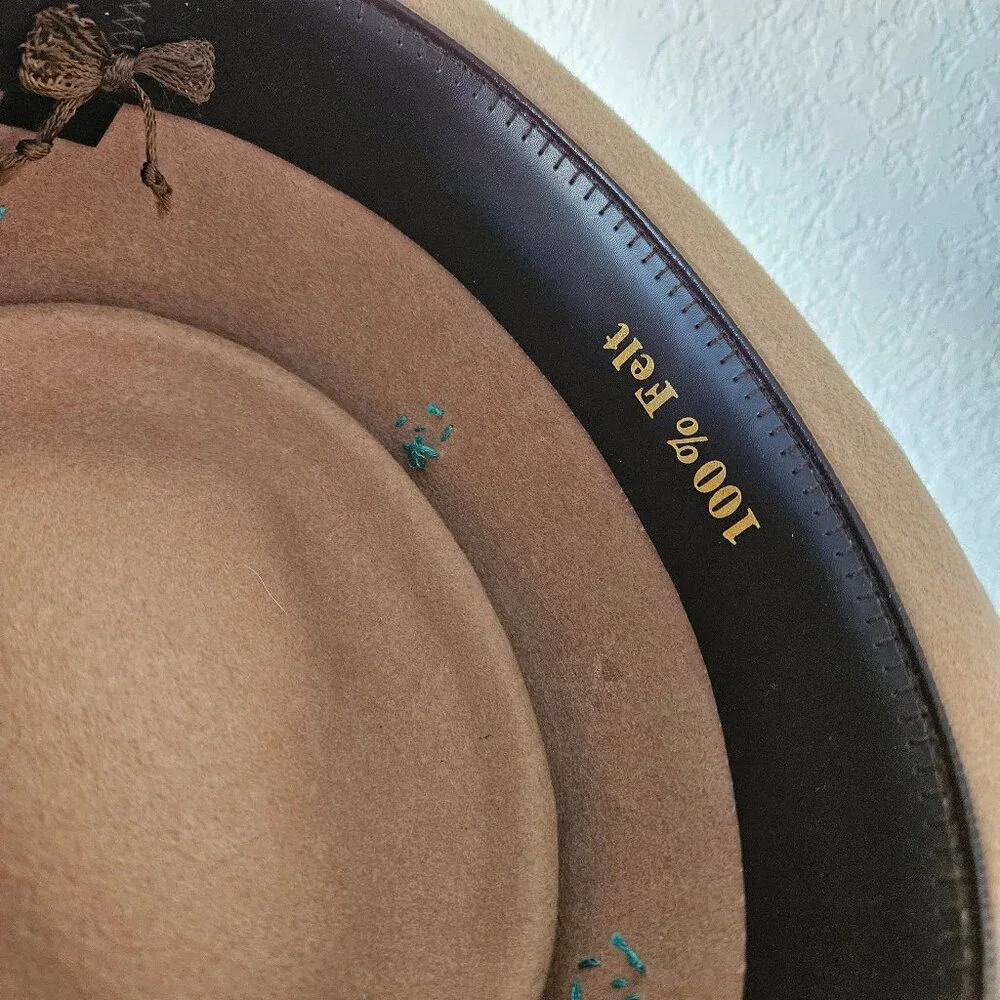 Vintage Tan A. Adams & Spire Hat with OOAK Hand Embroidery Bees Bugs L 7 1/2 - Picture 7 of 9